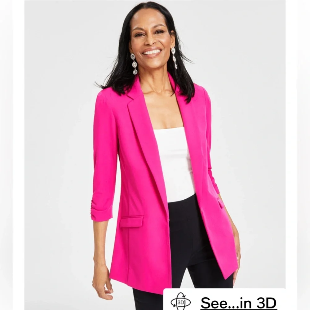 Gorgeous Woman’s Hot Fuchsia Pink 3/4 Ruched Sleeve Tailored Blazer - Picture 10 of 10